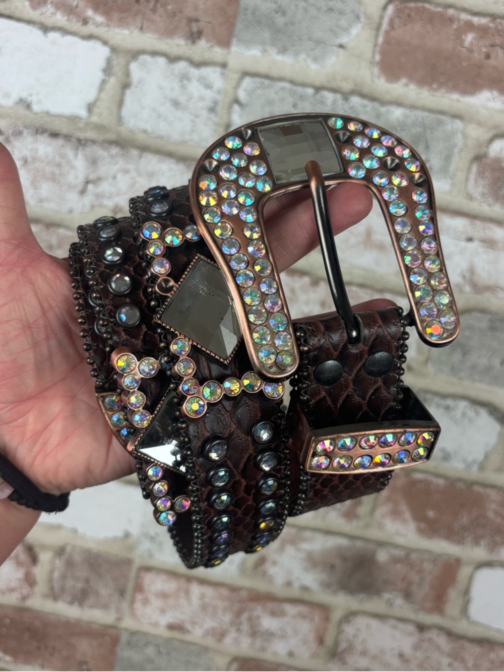 Nocona N3417002 Brown Calf Hair Leather Studded Iridescent Rhinestone Belt Large